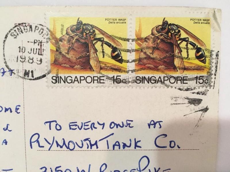The Waterfront of Singapore Postcard with 2 Potter Wasp 15 Cent Stamps