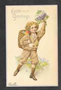 Easter Embossed Boy Flowers Picture Postcard!