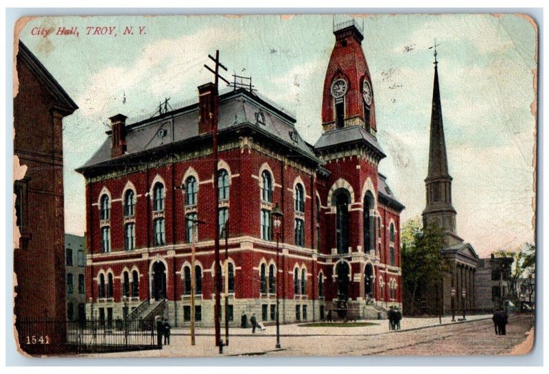 c1910's City Hall Building Clock Tower Street View Troy New York NY Postcard