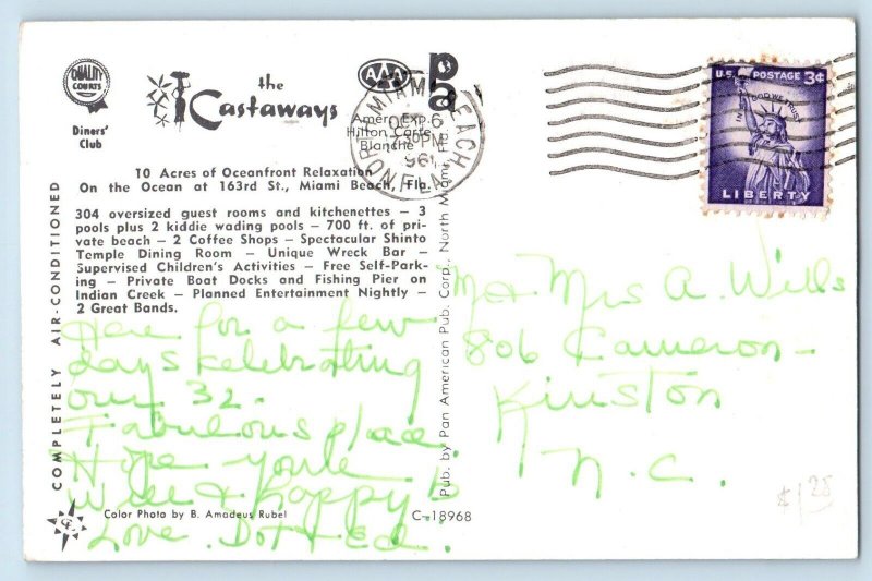 Miami Beach Florida FL Postcard The Castaways Motel Exterior Street View 1961