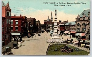 New London Connecticut~Busy State Street @ Railroad Station West~Monument~1912