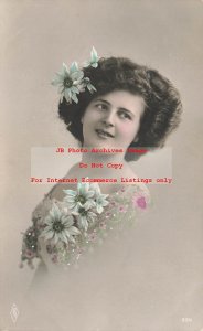 PFB Tinted RPPC No 234, Studio Shot, Pretty Woman with Blue Flowers