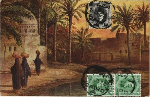 PC EGYPT, CAIRO, LADIES CARRYING VASES, PALMS, Vintage Postcard (b39334)