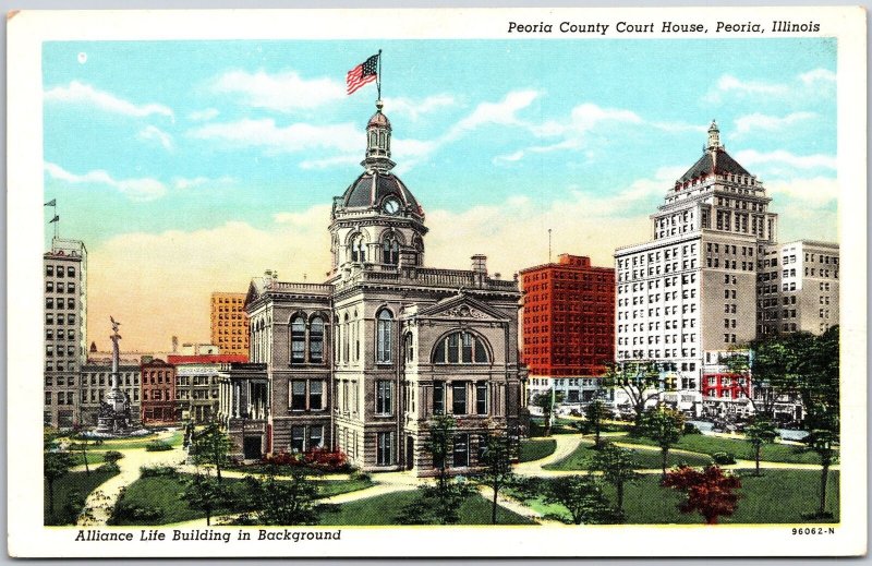 Peoria Illinois, County Court House, Alliance Life Building, Vintage Postcard