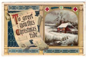 To Greet You This Christmas Tide, Rural Winter Scene, 1913 Gelatin Postcard
