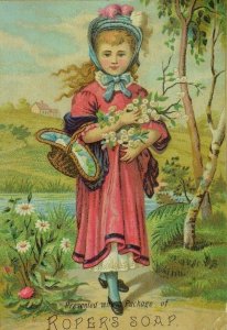 1870's-80's Roper's Soap Lovely Girl Picking Flowers Basket Creek &A