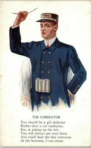 1910s The Conductor by Brill Train Conductor Artist Signed Poem Postcard