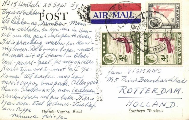 southern rhodesia, UMTALI, Vumba Road (1959) RPPC, Stamps