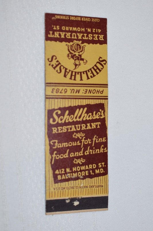 Schellhase's Restaurant Baltimore Maryland 20 Front Strike Matchbook Cover