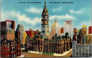 Vtg Philadelphia Pennsylvania PA City Hall and Skyscrapers 1940s Unused Postcard