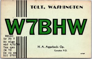 1936 QSL Radio Card Tolt Washington W7BHW Amateur Radio Station Posted Postcard