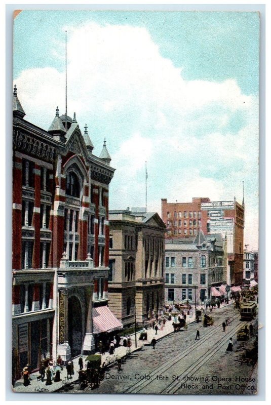 c1950 16th St. Opera House Block & Post Office Building Crowd Denver CO Postcard 