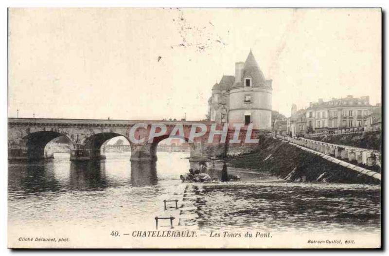 Old Postcard Chatellerault Bridge Towers