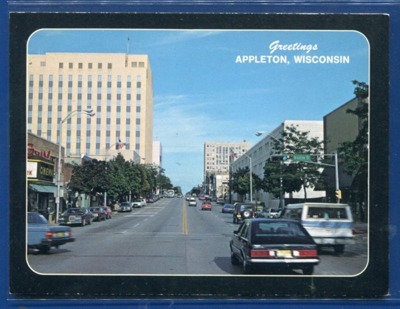 Appleton Wisconsin wi downtown street view buildings cars chrome postcard