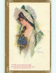 Divided-Back art nouveau signed PRETTY GIRL IN BONNET WITH GREEN TRIM r2590