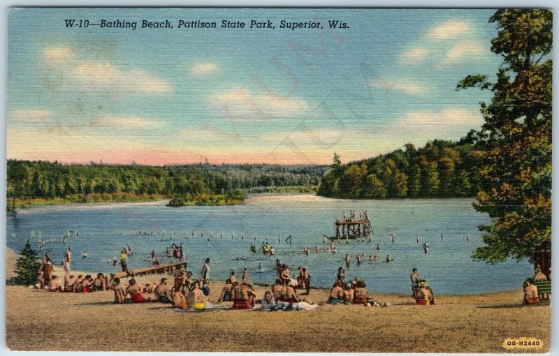 c1940s Superior, Wis. Pattison State Park Bathing Beach Peoples Swimming WI A203