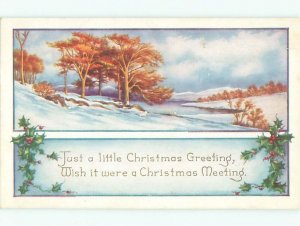 Pre-Linen christmas AUTUMN LEAVES ON TREES WITH SNOW ON THE GROUND J1870