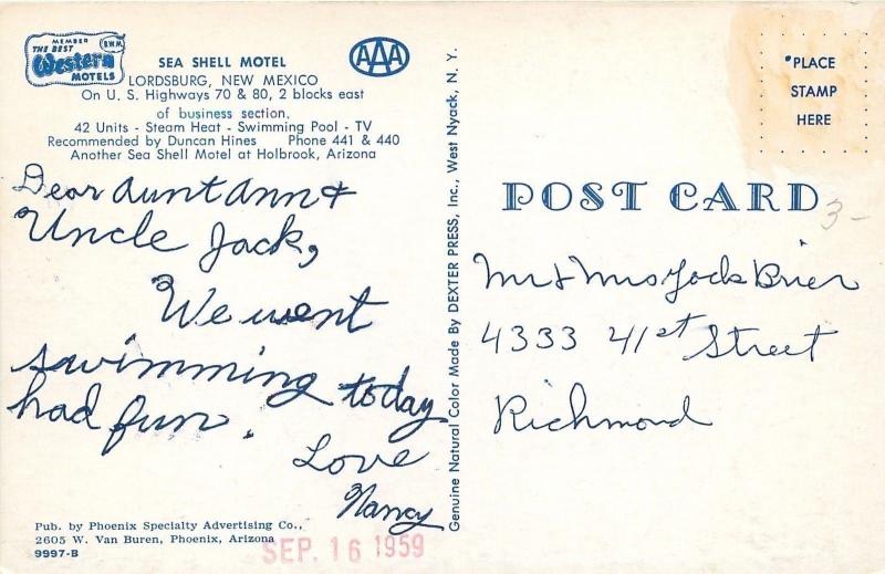 Lordsburg New Mexico~Sea Shell Motel~Best Western~1950s Cars~Postcard