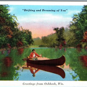 c1920s Oshkosh, WI Greeting Drifting Dreaming of You Kayak Postcard Row Boat A67