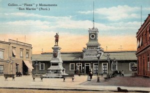 CALLAO PLAZA Y MONUMENTO SAN MARTIN PERU TRAIN DEPOT POSTCARD (c. 1910)