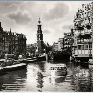 c1950s Amsterdam Netherlands Amstel RPPC Postcard Munt Tower Canal Boat Hotel