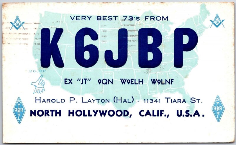 1957 QSL Radio Card K6JBP Hollywood California Amateur Radio Posted Postcard