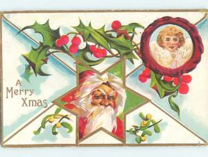 Pre-Linen christmas SANTA CLAUS WITH ANGEL AND MISTLETOE AND HOLLY hr2934