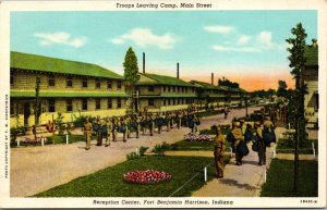 Linen Postcard Troops Leaving Camp Main Street Fort Benjamin Harrison, Indiana