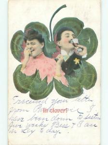 Pre-Linen St. Patrick's COUPLE DRINKING ON A FOUR LEAF CLOVER AB7474