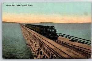 Trains~Utah~Great Salt Lake Cut Off Scene~Souvenir Novelty Vintage Postcard