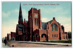 1913 First Congregational Church Building Clock Dirt Road Oshkosh WI Postcard