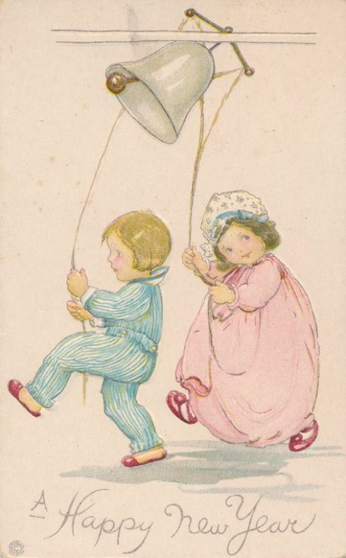 New Years Day Greetings - Boy and Girl Ringing Bell - Stecher Litho - DB