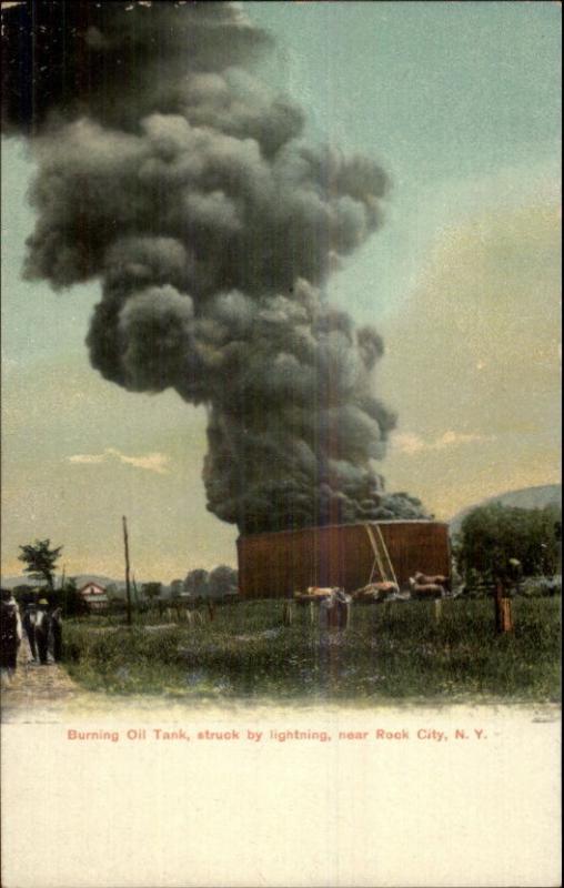 Burning Oil Tank Near Rock City NY c1910 Postcard