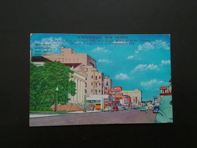 1951 Albuquerque Postmark, Linen Postcard--- Central Ave., Masonic Temple