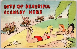 1945 Beach Bodies Girls Lots of Sceneries Here Comic Card Posted Postcard