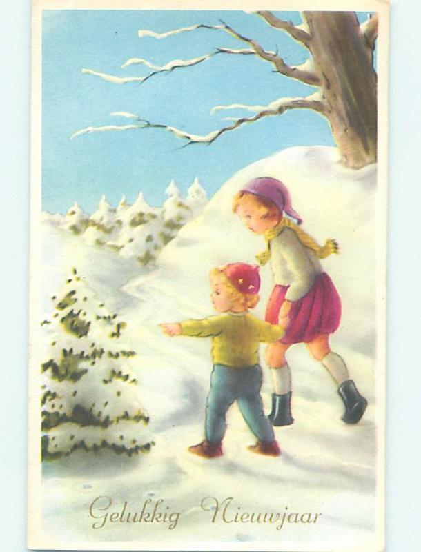 1964 New Year foreign DUTCH GIRL WALKS ON SNOWY PATH WITH LITTLE BROTHER o7357