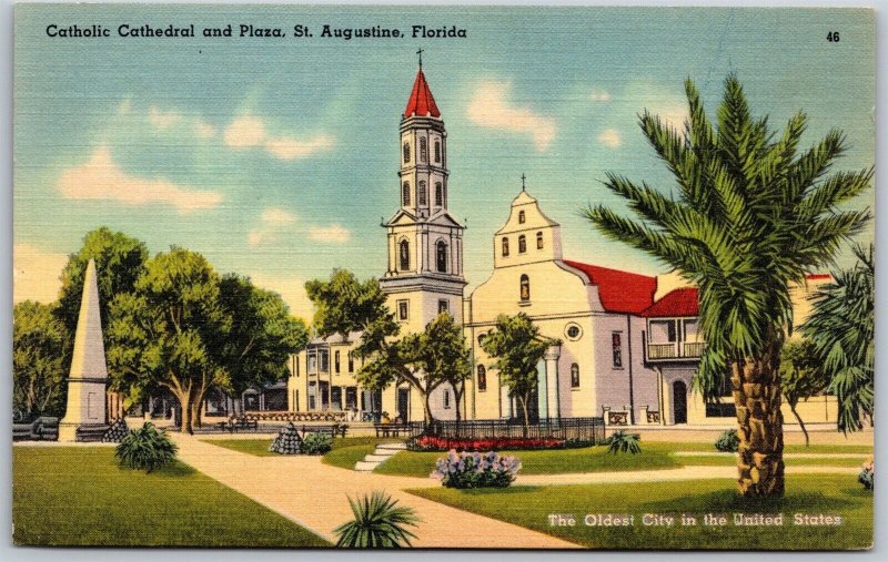 Vtg St Augustine Florida FL Roman Catholic Cathedral & Plaza 1940s View Postcard