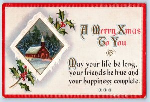 Christmas Postcard Holly Berries Church Winter Scene Embossed Nash Reading PA