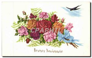 Old Postcard Fantasy Flowers Swallow Birthday