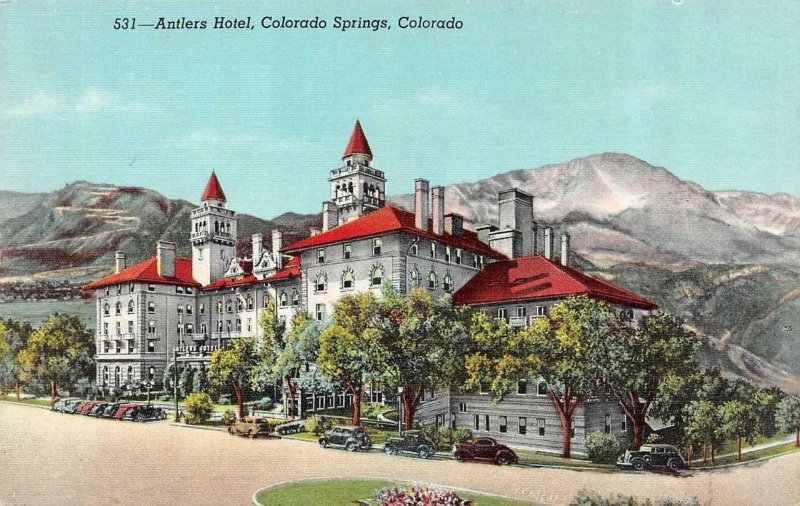 COLORADO SPRINGS, Colorado CO  ANTLERS HOTEL 30's & 40's Cars  ROADSIDE Postcard