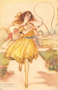 Glamour Fashion 1918 Art by Mauzan Girl in Dress Playing WWI field postcard C328