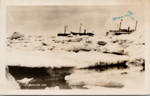 Ships on Bering Sea Ice Hewitt's Photo Shop Anchorage AK RPPC Postcard H15