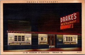 Linen Postcard Drake's Restaurant at Night Neon Sign in Chicago, Illinois