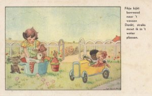 Toy Black Doll Sports Car To Girl Washing Teddy Bear Old Postcard