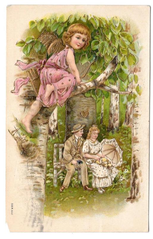 Valentine Romance Couple Cupid Tree Branch Lovers Postcard