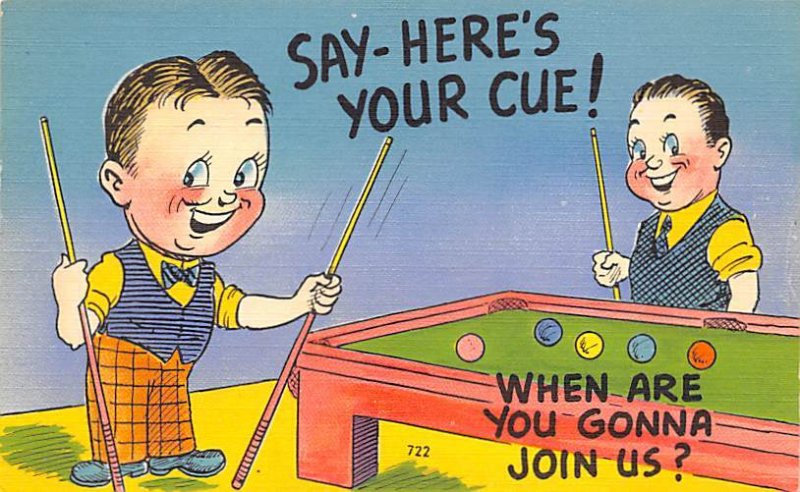 Say Here's Your Cue Pool Billiards Carte Postale Writing on back 