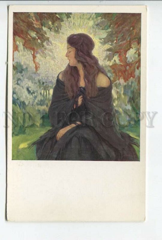 462132 Vladimir SVOBODA Black Scarf Belle Girl in Garden Vintage postcard Czech