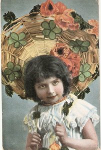 Pretty girl in fantasy flowered hat Nice old vintage American postcard