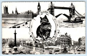 RPPC LONDON, ENGLAND Good Luck HORSESHOE & FLUFFY CAT Multi View 1952 Postcard