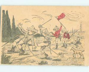 c1915 signed MILITARY PROPAGANDA - FRENCH BOY KICKS BOY IN BERLINER HAT J4844